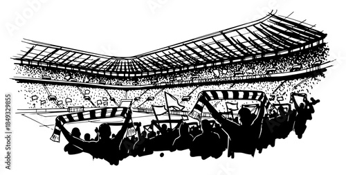 Crowd of football fans holding scarves cheering inside a large stadium