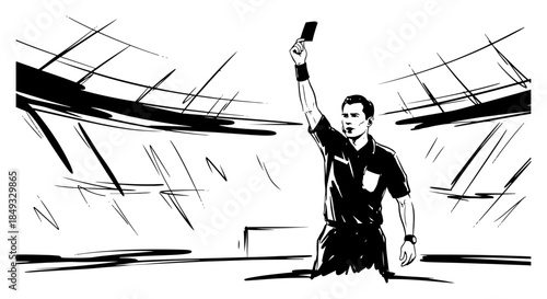 Football referee holding up a penalty card during a sport match