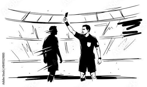 Soccer referee showing red card to player during match in stadium