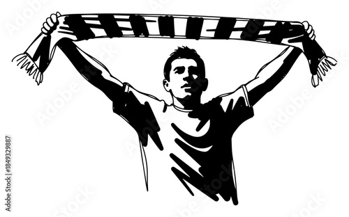 Excited soccer fan holding scarf above head cheering for team