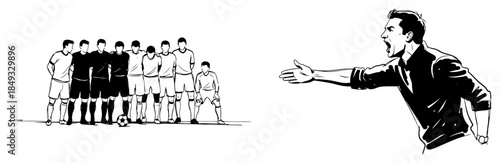 Soccer coach shouting instructions to team players standing on field