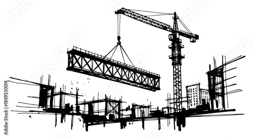 Tower crane lifting a heavy steel beam at a building construction site