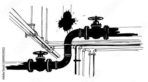 Industrial oil and gas pipes with valves and ink splash illustration