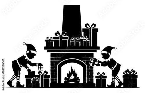 Cute Christmas elves decorating fireplace with gift boxes and stockings vector