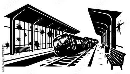 Abandoned railway station platform with broken windows and old train vector