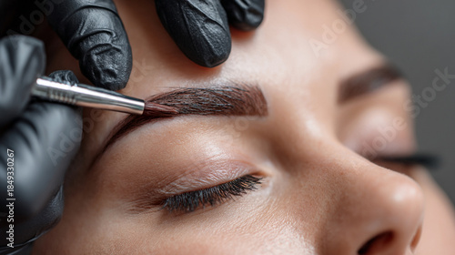 Professional beautician applying eyebrow tint with a brush with henna