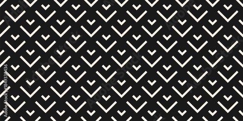 Vector geometric seamless pattern with lines, arrows, edgy fish scale grid. Simple abstract black and white graphic ornament. Modern minimal monochrome background texture. Repeated decorative design