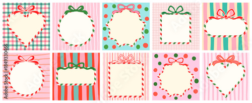 Candy cane frames with bows templates wit copy space, vector backgrounds with different patterns in pink, red and green