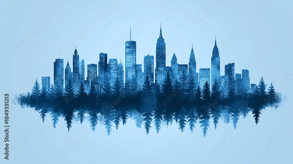 Obraz premium City skyline blends with forest in a blue color scheme during a clear day
