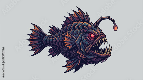 Anglerfish illustration with glowing red eyes and sharp teeth.