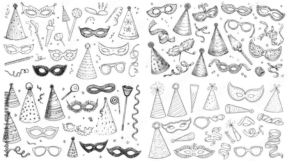 Fototapeta premium Cute hand drawn party doodle set with hats, masks, confetti and streamers, black and white sketch collection for birthday invitations, carnival posters and celebration design.