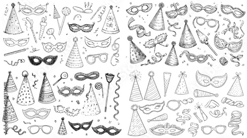 Cute hand drawn party doodle set with hats, masks, confetti and streamers, black and white sketch collection for birthday invitations, carnival posters and celebration design.