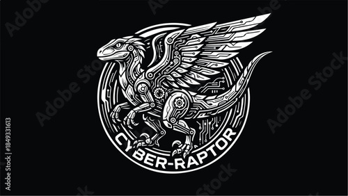 Cyber Raptor Logo Design with Robotic Dinosaur and Wings.