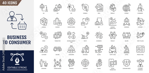 Business to consumer icon set. Containing business model, customer, service, selling, product, direct selling, retailer and more. Vector illustration