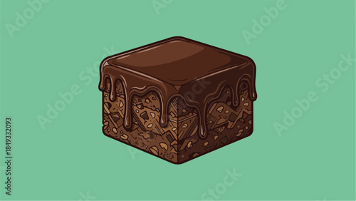 Delicious chocolate brownie with rich frosting on a vibrant green background.