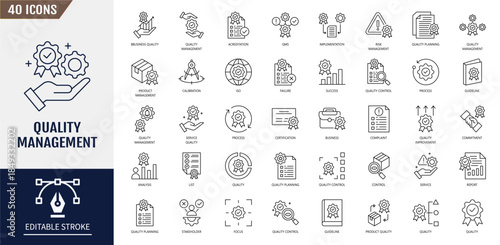 Quality management icon set. Containing product, improvement, achieve, planning, assurance, customer and more. Vector illustration