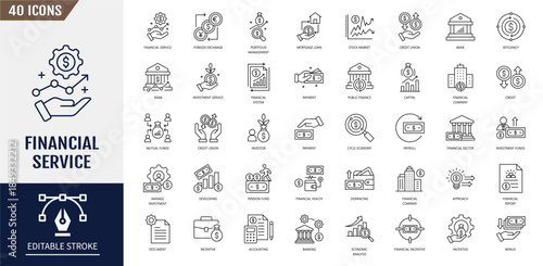 Financial service icon set. Containing bank, advisor, money, insurance, foreign exchange, mutual funds and more. Vector illustration