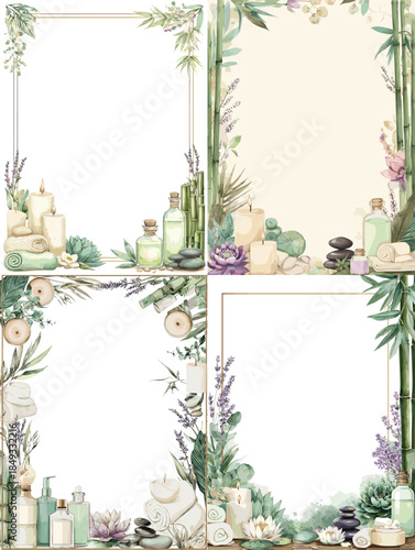 Elegant botanical frame set with bamboo, flowers, stones and candles. Soft pastel borders for wedding invites, cards, branding, posters and social media.