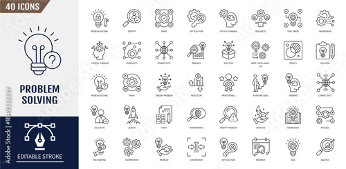 Problem solving icon set. Containing process, achieving goal, solutions, resources, knowledge, identify and more. Vector illustration