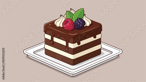 Delicious chocolate cake with berries and cream on a white plate.