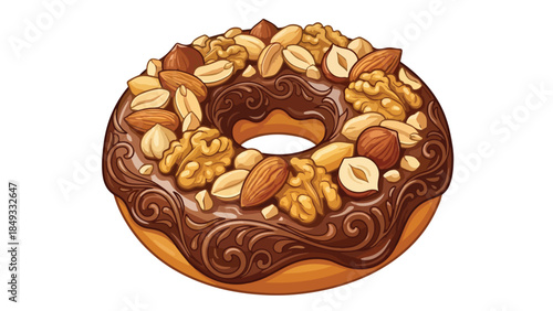 Delicious chocolate donut with a variety of nuts on top.