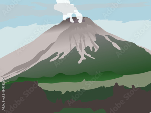 Active volcano Mount Slamet in Central Java Indonesia, minimalist flat vector illustration of erupting stratovolcano with smoke clouds and mountain peak landscape.
