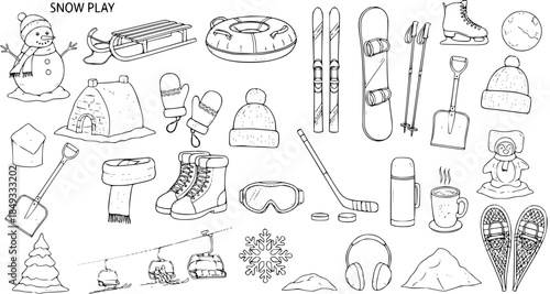 Snow Play Line Art Collection: Winter Sports  Activities in Outline Style