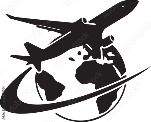 Global travel airplane flight around the earth globe logo concept vector
