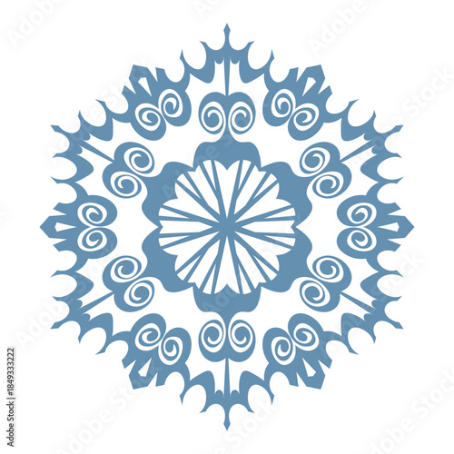 Blue template snowflake with shadow. Isolated snowflakes icon, round mandala. Winter Holiday cartoon flat illustration. Merry Christmas and New year Vector. Hand draw style.