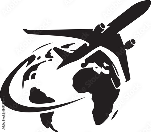 Vector airplane icon on world map for global travel and aviation business
