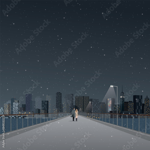 Cityscape in winter at night with couple of lover walking on pedestrian bridge across the river
