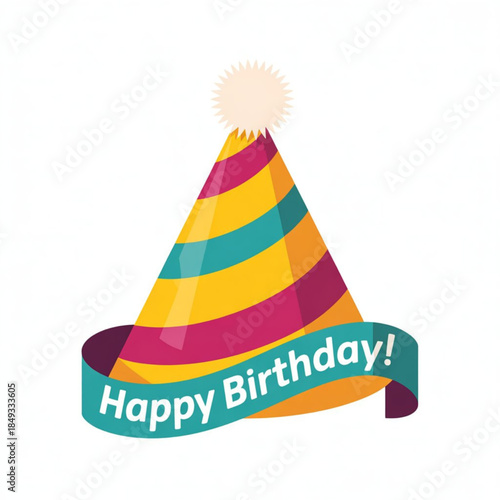 Colorful party hat with happy birthday banner Vector, illustration