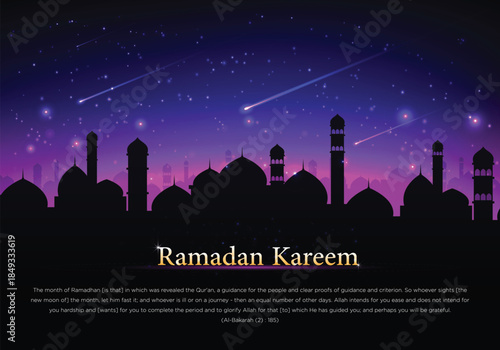 Ramadan Kareem Night Skyline with Mosque Silhouette, Starry Sky and Islamic Spiritual Atmosphere