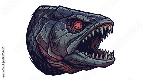 Fierce predatory fish head with sharp teeth and glowing red eyes.