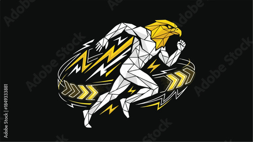 Geometric Eagle Man Running with Lightning Bolt Design.