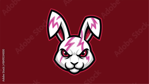 Furious rabbit head with lightning bolt markings on a dark red background.