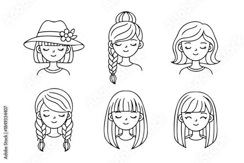 Cute hand drawn girl characters with different hairstyles and hats