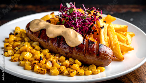 Studio shot of a grilled sausage served with crispy French fries on a white plate. Accompanied by assorted sauces such as joppie sauce, mayonnaise, cocktail sauce, and peanut sauce, gourmet, 2.0
