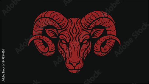 Intense Red Ram Head Illustration on Black Background.