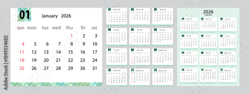 2026 Modern Yearly Calendar Template with classic green Design Isolated. Happy New Year Calendar Design Template.