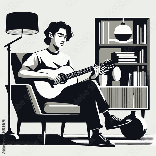 Man Playing Acoustic Guitar Indoor Illustration