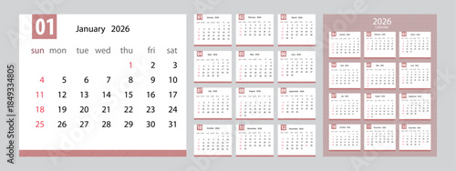 2026 Modern Yearly Calendar Template with classic Red Design Isolated. Happy New Year Calendar Design Template.