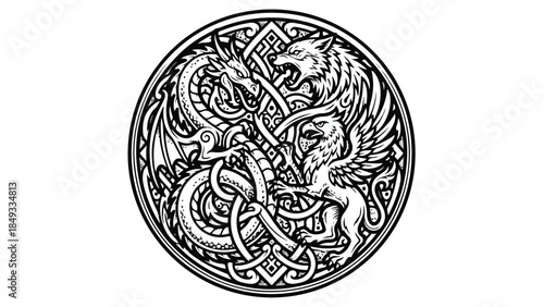 Intricate Celtic Knotwork with Mythical Creatures.