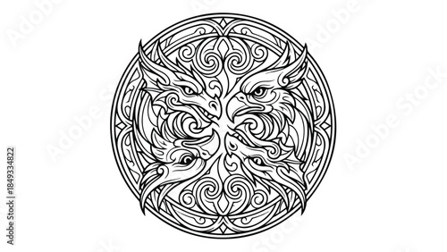 Intricate circular design featuring four stylized eagle heads in a symmetrical pattern.