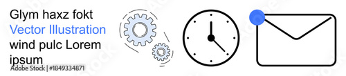 Workflow, business automation, productivity, time tracking, notifications, messaging. Gear mechanism, clock and envelope with dot. Workflow and business automation