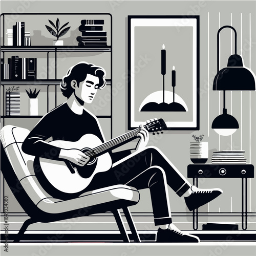 Man Playing Guitar In Living Room Illustration