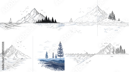 Minimal mountain landscape sketch set with pine forest and lake accents, modern line art panoramas for travel posters, outdoor branding, banners and backgrounds.