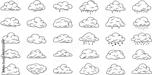 Set of Hand-Drawn Cloud Illustrations: Various Weather Conditions, Sketch Style Design Elements