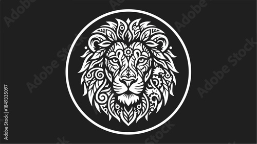Majestic Lion Head with Ornate Details in a Circular Frame.