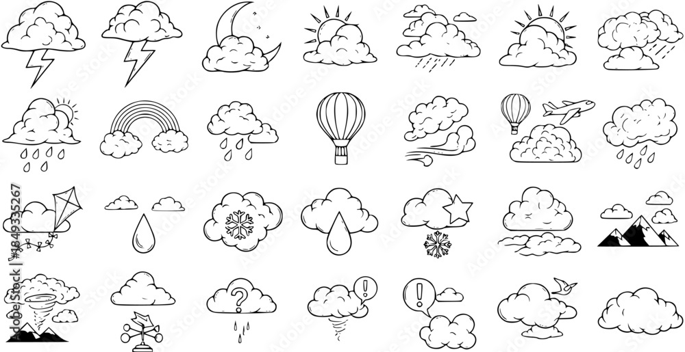 Fototapeta premium Hand-Drawn Doodle Weather Icons Set: Outline Vector Collection of Sky Elements like Clouds, Sun, Rain, Snow, Lightning, Rainbow, and Tornado for Climate Forecast
